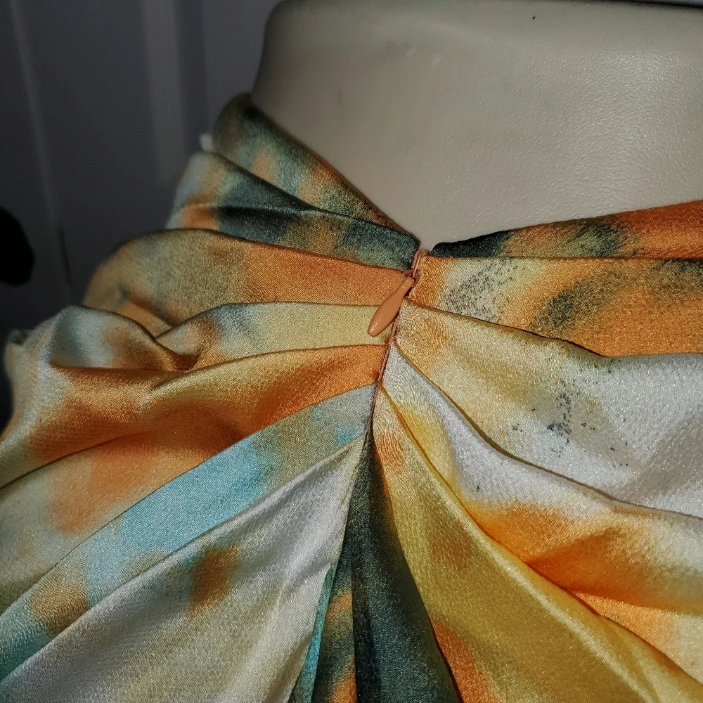 Orange Tie Dye Ruched Side Midi Skirt Open Side Beachy Sexy Sophisticated 6